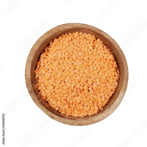 Fototapeta Coral lentils. Isolated. Transparent background. In a bowl. Top view. Food collection. Precision cut and impeccable finish that allows the addition of colored backgrounds.