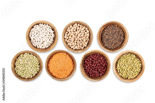 Fototapeta Peas, beans and lentils. Isolated. Transparent background. In a bowl. Top view. Food collection. Precision cut and impeccable finish that allows the addition of colored backgrounds.
