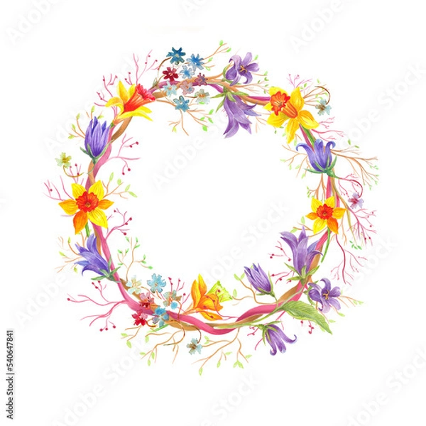 Fototapeta Watercolor wreath with  Easter elements. Transparent layer.