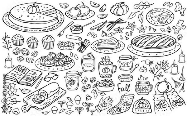 Fototapeta Autumn doodle set - sweet food, pumpkin pie, spices, cake, hot drink, jam, mushrooms, autumn clothes, apples, pear. Vector illustration. Perfect for autumn menu, coloring book, greeting card, print.