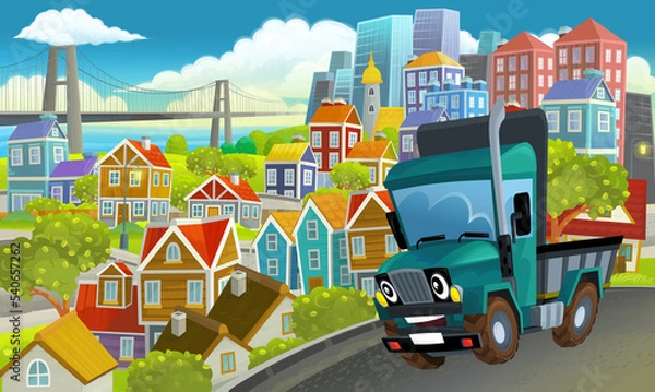 Fototapeta cartoon industrial truck through the city illustration