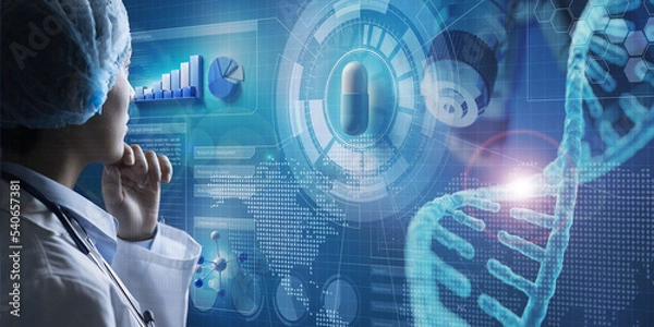 Fototapeta Doctor analysing medication on holographic interface. Conceptual composite image about innovative technologies in pharmaceutical science research. 3d illustration elements.