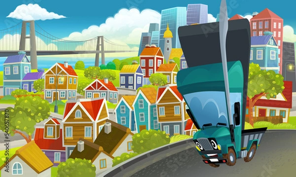Fototapeta cartoon industrial truck through the city illustration