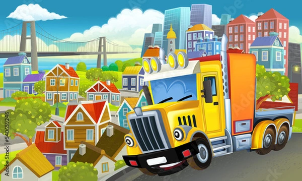 Fototapeta cartoon industrial truck through the city illustration