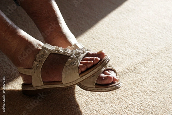 Fototapeta Close-up on the feet of a senior lady wearing sandals in a room in the warmth of natural sunlight