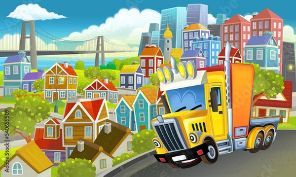 Fototapeta cartoon industrial truck through the city illustration