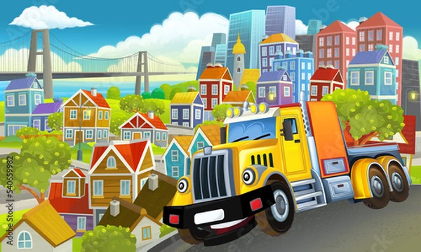 Fototapeta cartoon industrial truck through the city illustration