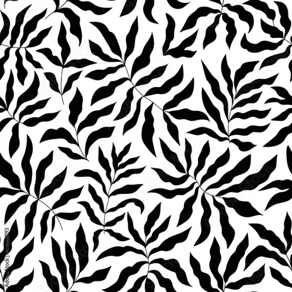 Fototapeta Monochrome tropical palm tree leaves seamless pattern. Vector repeat design for cards, web, backgrounds and natural product. Black and white natural template.