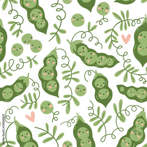 Fototapeta Green peas seamless pattern with cute faces in hand-drawn style. vector cute green natural design for tea towels and kitchen cloth. 
