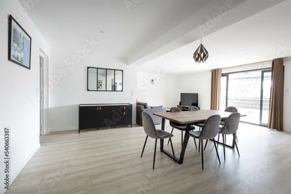 Obraz Photographie d'un salon d'appartement, décoration pour location airbnb, appartement moderne meuble sombre