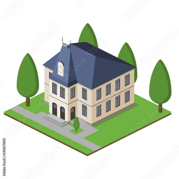 Fototapeta Isometric town hall with background, trees, pavement. European architecture.