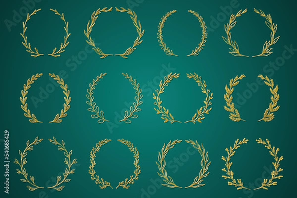 Fototapeta Gold ornamental branch wreathes set in hand drawn design. Laurel leaves wreath and decorative branch bundle. Collection of differen herbs, twigs, flowers and plants curl elements. Vector decoration.