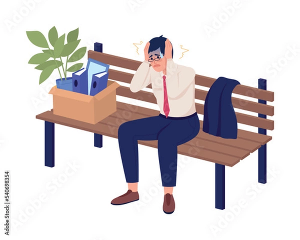 Fototapeta Employee stressed of dismissal semi flat color vector character. Losing job. Editable figure. Full body person on white. Simple cartoon style illustration for web graphic design and animation