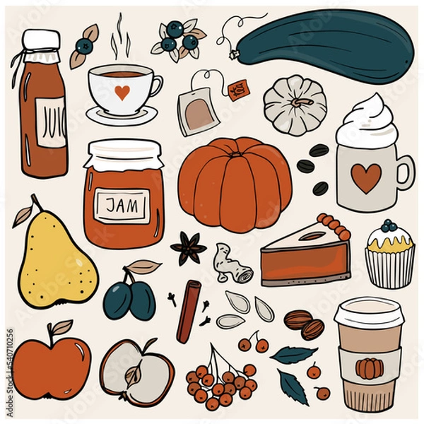 Fototapeta Fall Autumn Yummy Doodle linear outline colorful vector seasonal illustration set for web digital projects and bullet journal isolated on light background 