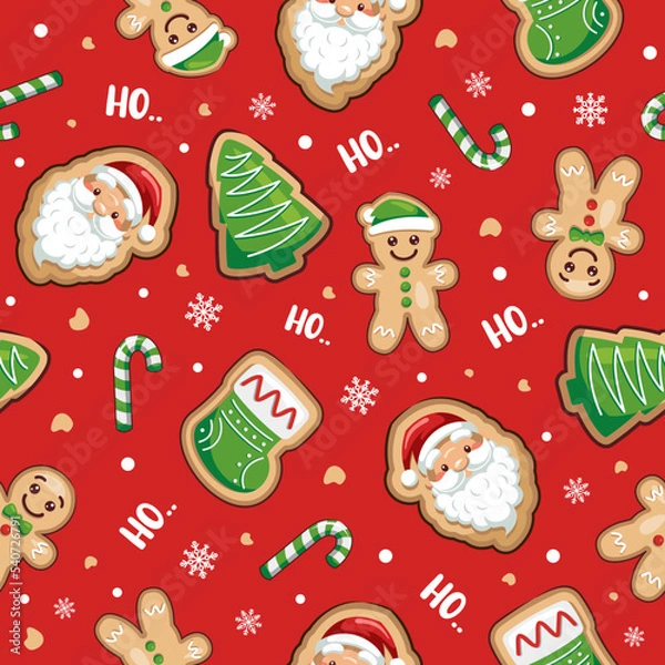 Obraz Seamless Christmas Pattern With Gingerbread Man, Santa Claus, Christmas Tree, And Candy Cane, Cute Cartoon Illustration