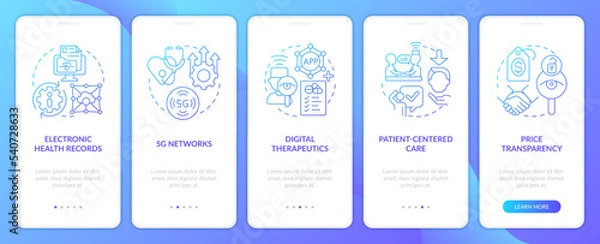 Obraz Healthcare industry trends blue gradient onboarding mobile app screen. Walkthrough 5 steps graphic instructions with linear concepts. UI, UX, GUI template. Myriad Pro-Bold, Regular fonts used