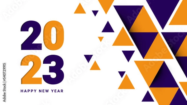 Fototapeta Happy new year 2023. Modern greeting card design with abstract colorful triangles. White background. Vector illustration