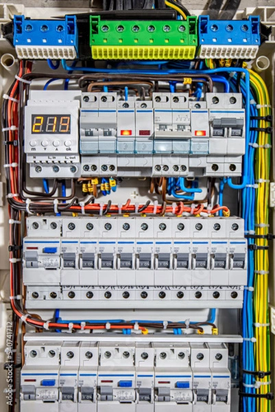 Fototapeta Voltage distributor with automatic switches. Electrical background.