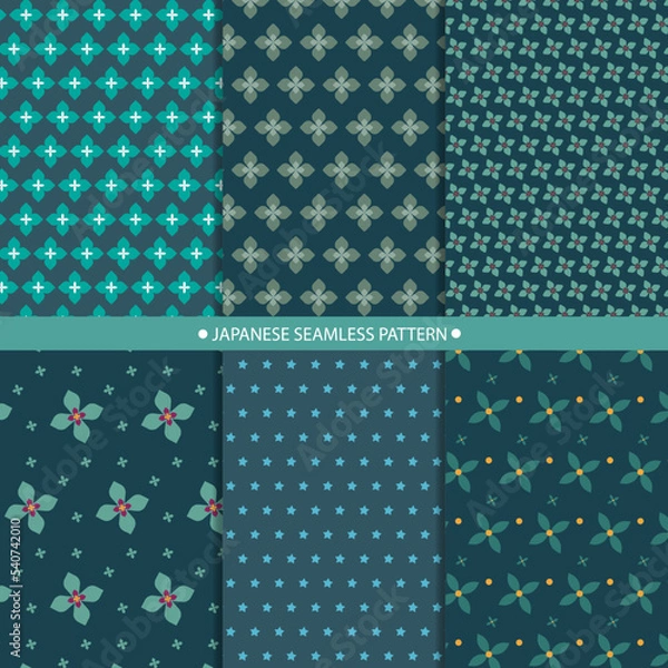 Obraz Set of 6 seamless pattern in japanese style. flower and star design background. vector illustration.