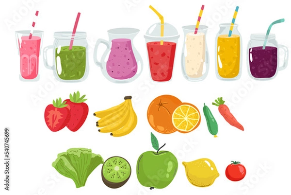 Fototapeta Drinks with fresh fruits, smoothie berries.Juices with pieces strawberry,blueberry and mango.Healthy detox. Set jars with tasty smoothies for hot season.Bright template for design. Vector illustration