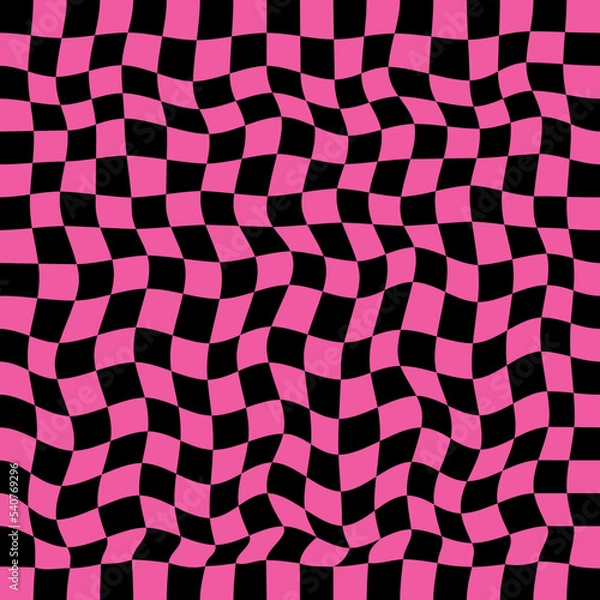 Obraz Wavy chess board vector seamless pattern. Black and pink check board background.