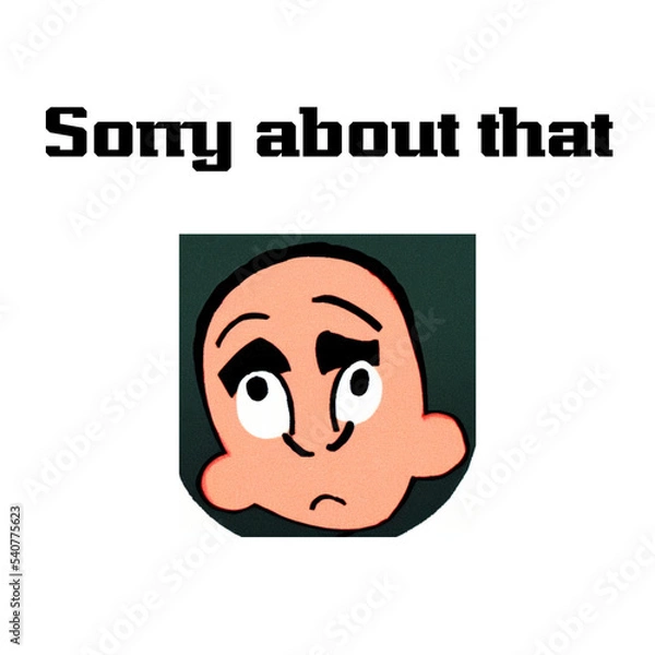 Obraz Text "Sorry about that" with a sad face isolated on a white background. Cartoon lettering illustration 