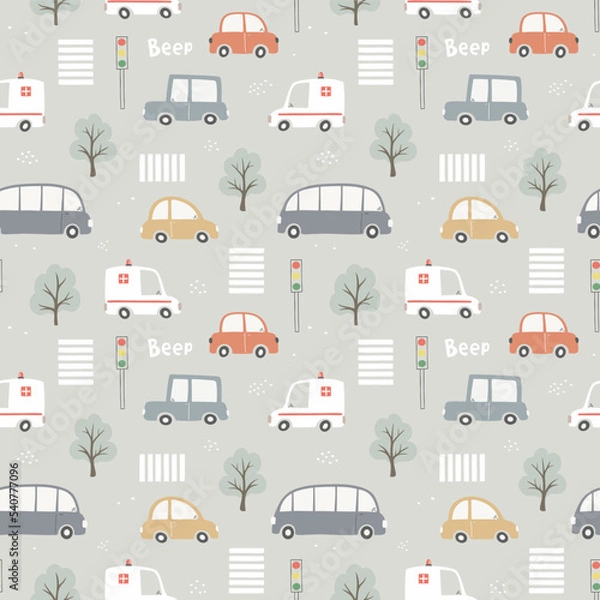 Fototapeta Seamless pattern with cute cars, traffic lights and trees.