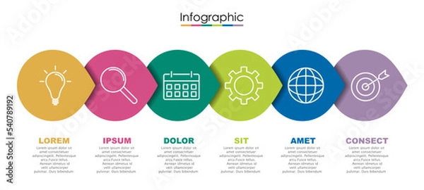 Fototapeta Vector infographic template with six steps or options. Illustration presentation with line elements icons.  Business concept design can be used for web, brochure, diagram, chart or banner layout.