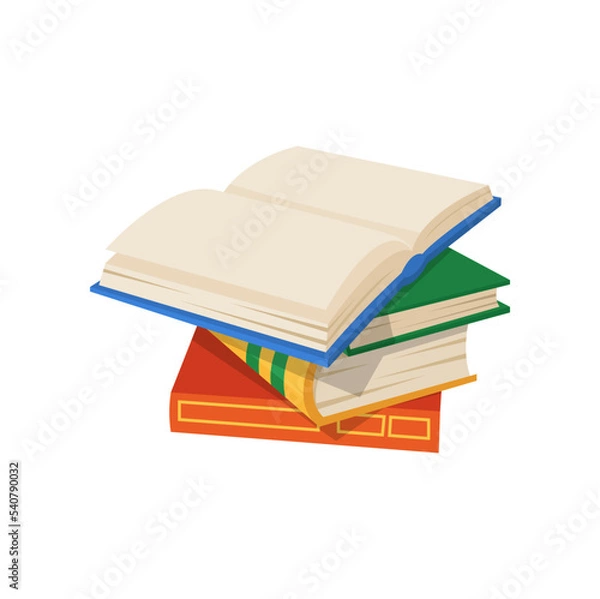 Fototapeta Pile of textbooks in color hardcovers, cartoon reading books. Vector learning and studying objects, textbook bestsellers, pile and open book