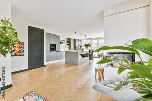 Obraz Couches and table located near TV against dining area of spacious room in contemporary apartment