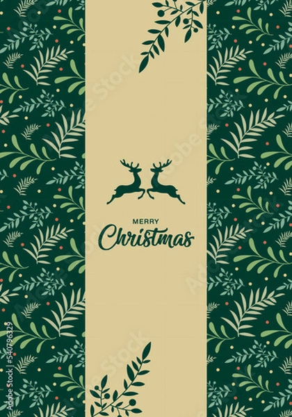 Fototapeta Christmas greeting card with deer, Ornate background.