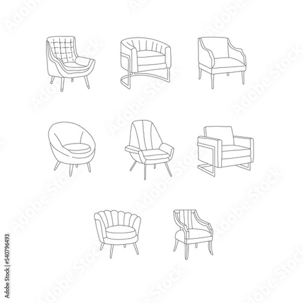 Obraz Modern chair vector icon set doodle line illustration. Sign collection. Sofa and couch symbol. Perfect for logo