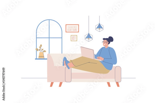 Fototapeta Freelance working web concept with people scene. Woman working remotely as designer and making task using laptop while sitting at sofa at home. Character situation in flat design. Vector illustration.