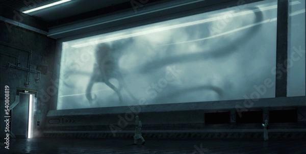 Obraz Secret laboratory environment with scientists and an alien (monster) behind glass.