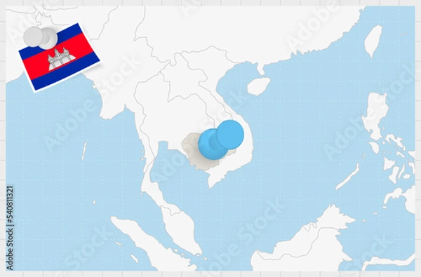 Fototapeta Map of Cambodia with a pinned blue pin. Pinned flag of Cambodia.