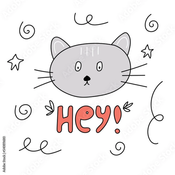 Fototapeta funny postcard with a gray cat and the word hey