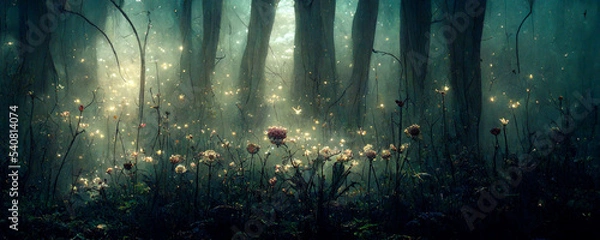 Fototapeta fantasy bajeczne szerokie tło fotograficzne z jesiennym lasem sosnowym, letnią różą i buszem kwiatowym Campanula. 3D ilustracja. Zabranie, środowisko, przyszłość wyobraź sobie.