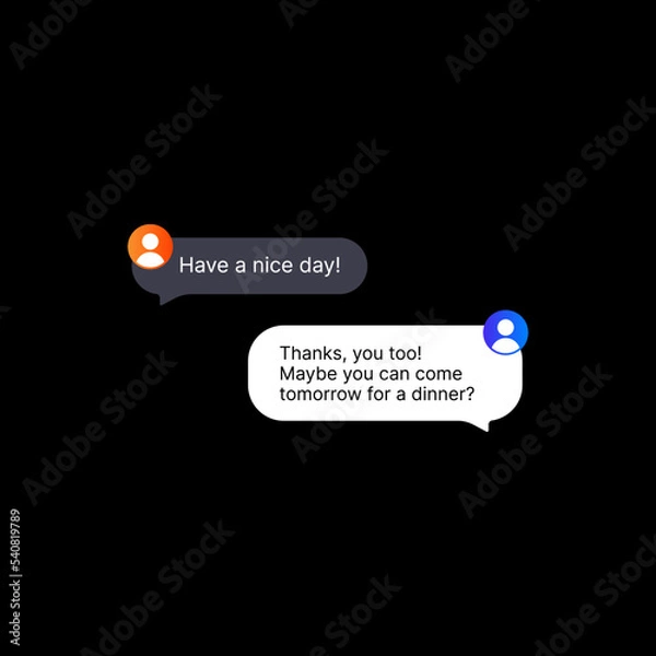 Fototapeta Online Messenger Interface Illustration. Social Media UI Concept on Black Background. Two Editable Speech Bubbles in Flat Design with Users Default Profile Icons. Web Element for Mobile Applications