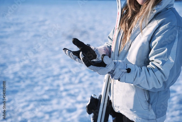 Obraz close up of girl's hands hesitating in the snow