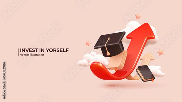 Fototapeta Invest In Yourself - 3D Concept to Success. Realistic 3d design of Business profit investment, finance education, earning income, business growth. Vector illustration in cartoon minimal style.