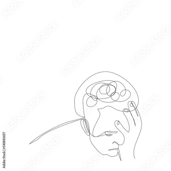 Fototapeta Upper half of one man holding his hand to his face, his hair is frizzy is preoccupied isolated vector illustration in single line drawing style.Alone stress Adult in depression and be absent-minded.