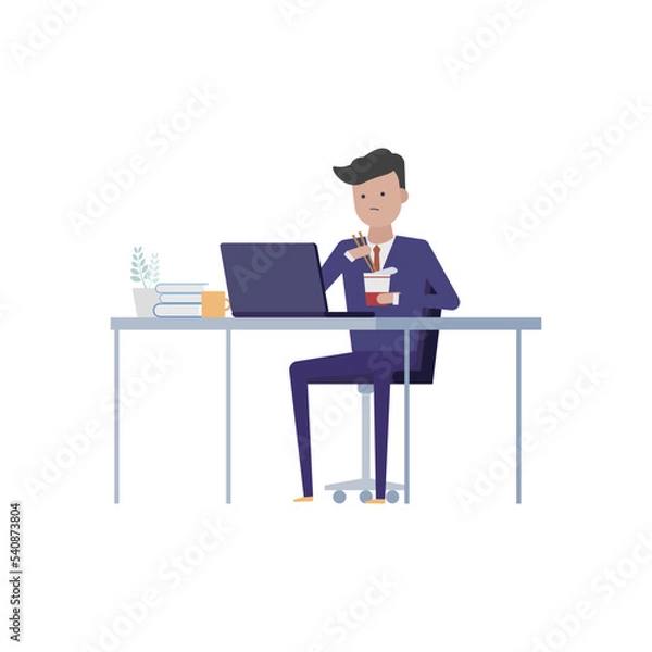 Fototapeta カップラーメンを食べながら仕事をする忙しいビジネスパーソンのイラスト素材｜mayucolor03