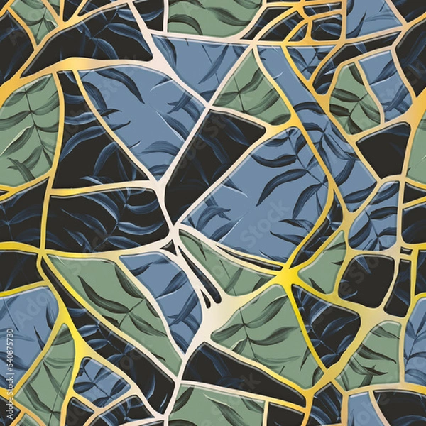 Obraz Kintsugi. Seamless pattern. Floral art with metal cracks. Abstract print design
