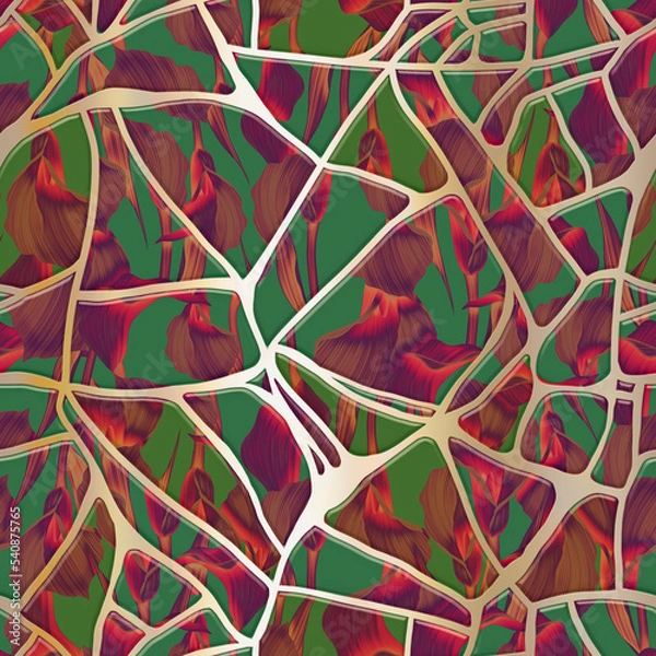 Obraz Kintsugi. Seamless pattern. Floral art with metal cracks. Abstract print design