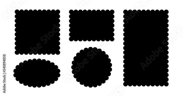 Obraz Circle and square scalloped frames. Scalloped edge rectangle and ellipse shapes. Simple label and sticker form. Flower silhouette lace frame. Vector illustration isolated on white background.
