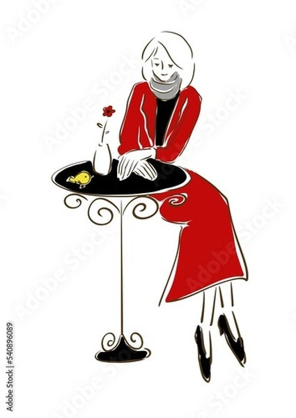 Obraz Woman in red coat relaxing in a café.