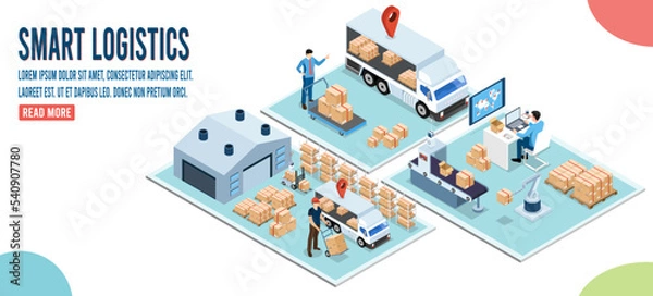 Fototapeta 3D isometric Smart logistics concept with Warehouse Logistic, Workers loading products, transportation truck use wireless technoloty. Eps10 vector illustration