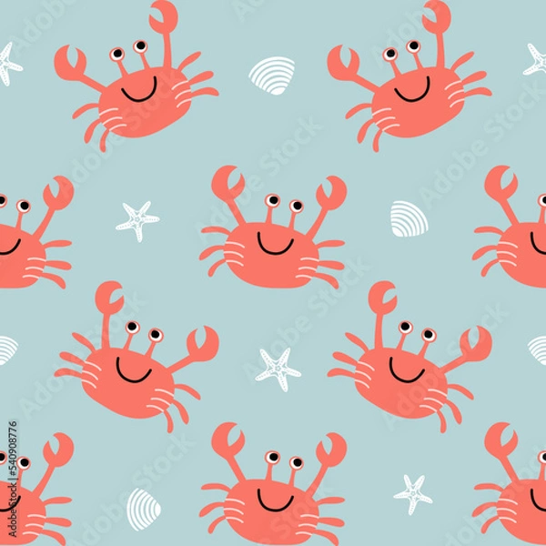 Fototapeta Vector seamless childish pattern with red crabs, white shells and starfish on a blue background. Suitable for baby prints, nursery decor, wallpaper, wrapping paper, stationery, scrapbooking, etc.