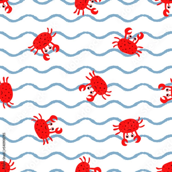 Fototapeta Vector seamless childish pattern with red crabs on a white background with blue wavy lines. Suitable for baby prints, nursery decor, wallpaper, wrapping paper, stationery, scrapbooking, etc.