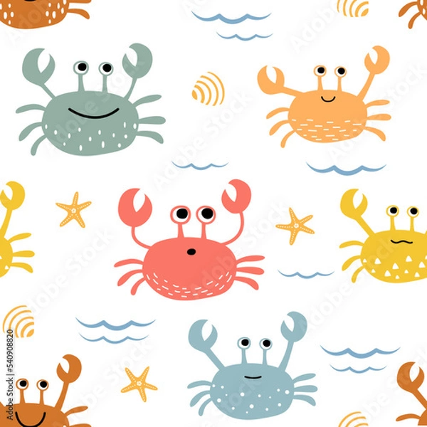 Fototapeta 
Vector seamless children's pattern with colorful crabs, shells and starfish on a white background. Suitable for baby prints, nursery decor, wallpaper, wrapping paper, stationery, scrapbooking, etc.